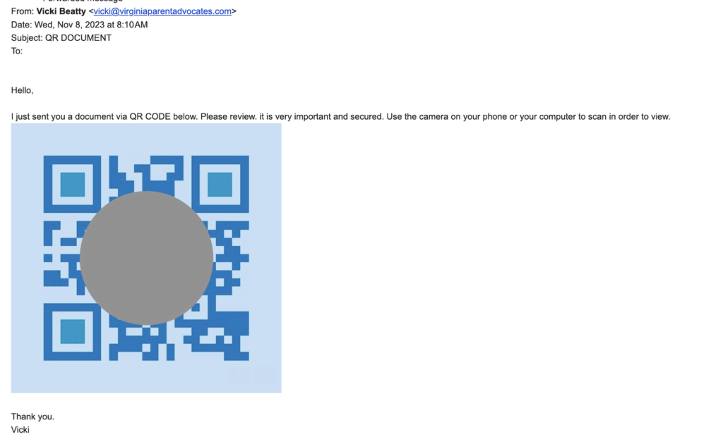 A phishing email with a QR code in the center.