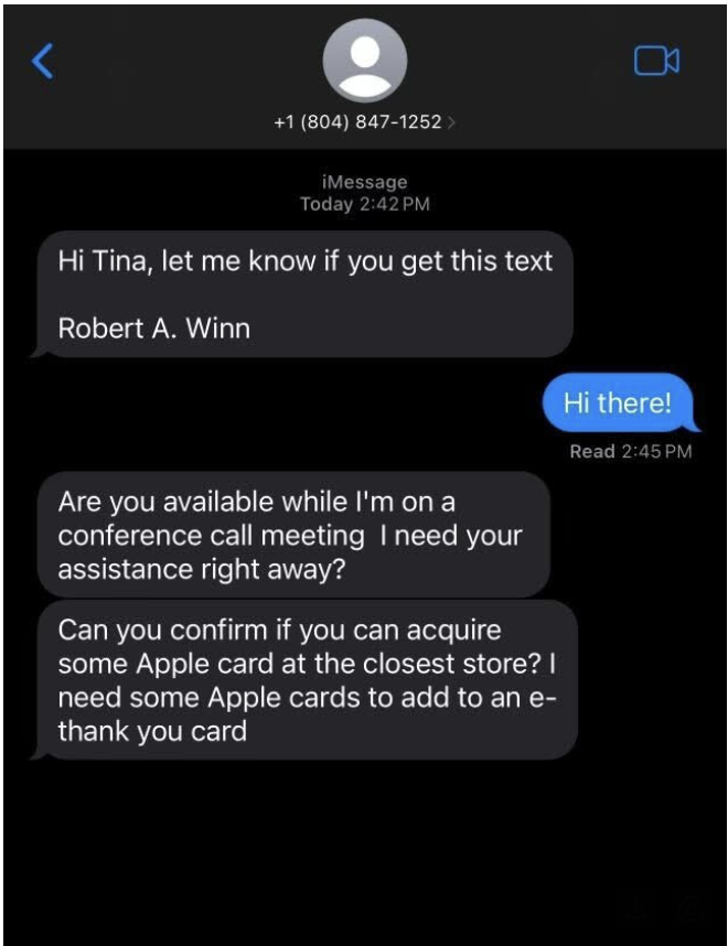A text message chain that is request Apple gift cards