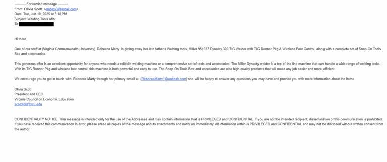 FAKE “Welding Tools offer” June 10th, 2025 – Phishing Net