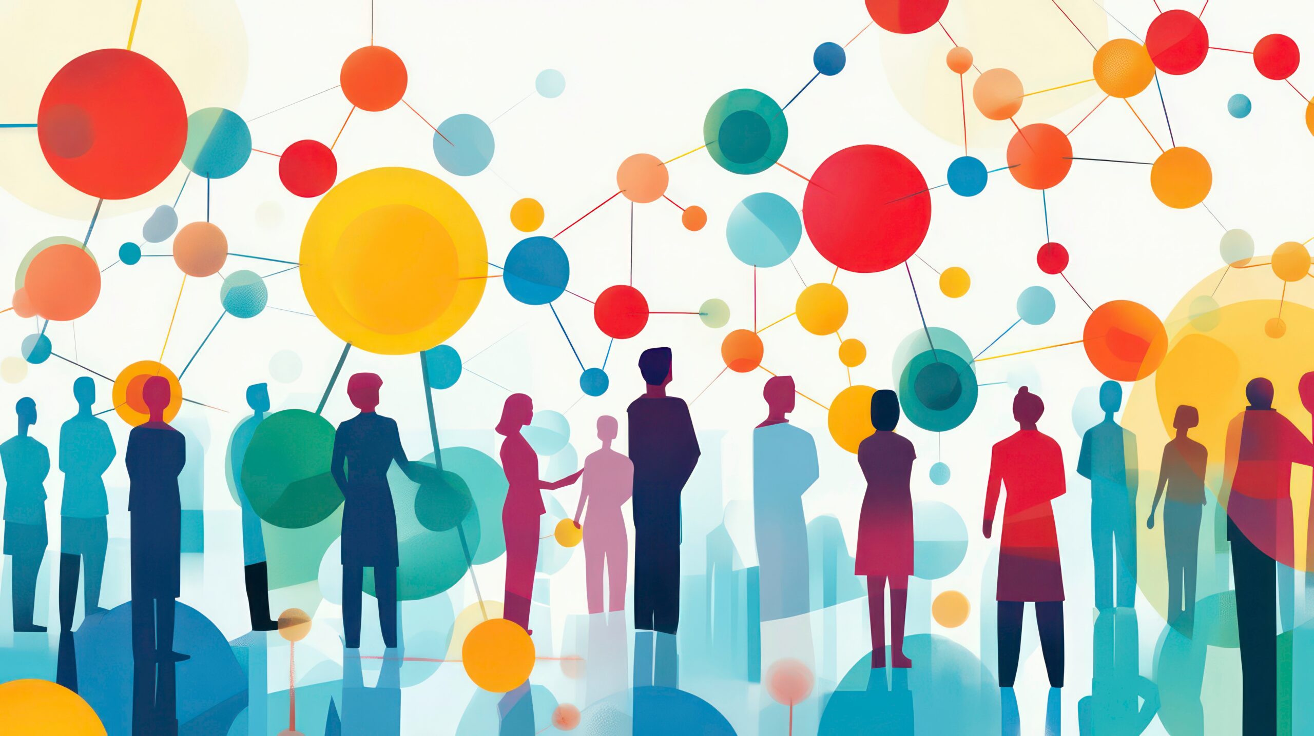 Diverse group of people interconnected by colorful nodes, representing networking, communication, and global community.