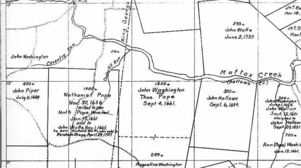 Detail of Nathaniel Pope & George Washington early land patent. Source: Historical Atlas of Westmoreland County by David W. Eaton