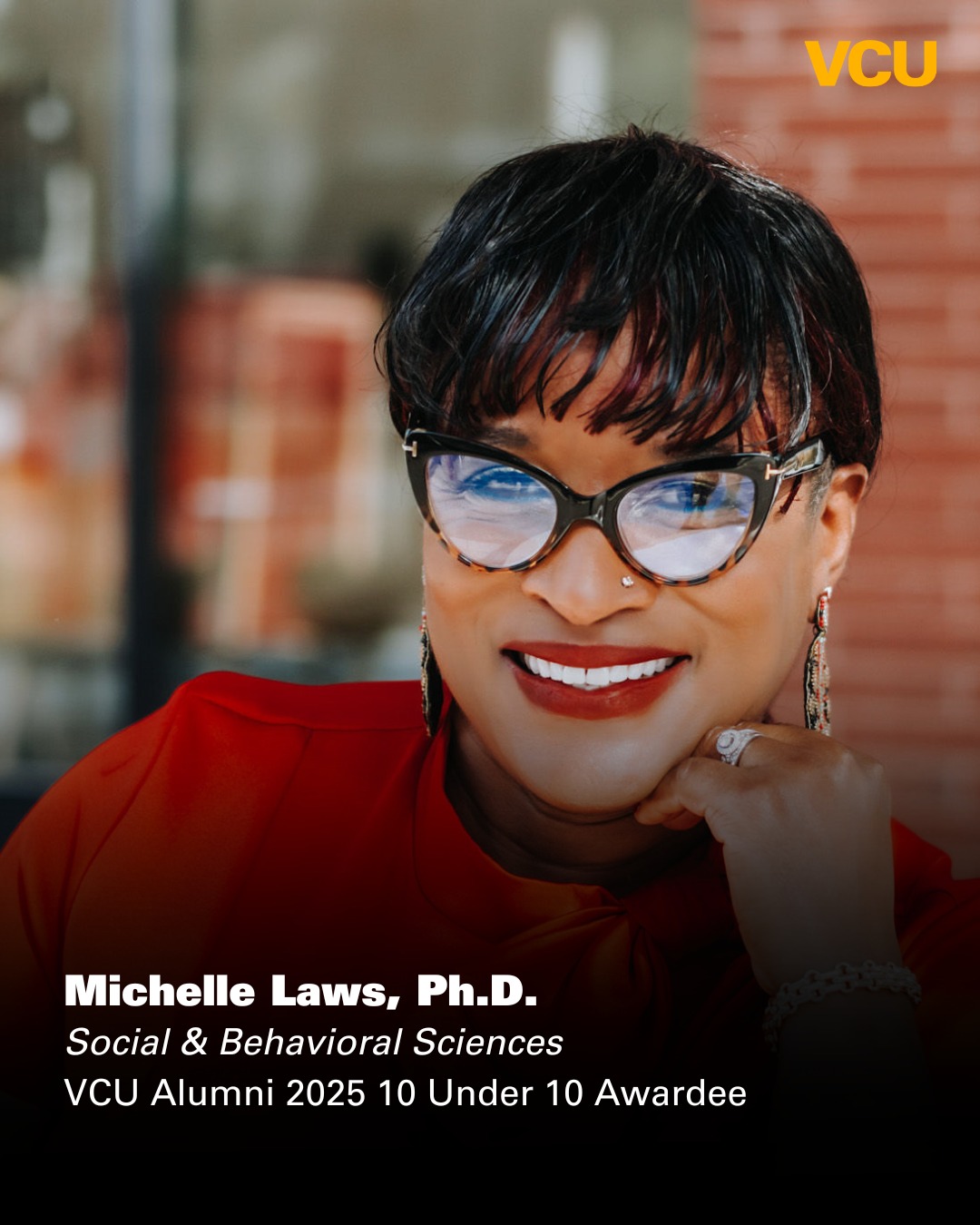Headshot of a person with text reading: Michelle Laws, Ph.D. Social & Behavioral Sciences VCU Alumni 2025 10 Under 10 Awardee