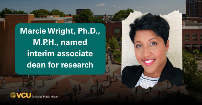 Headshot of a person with text reading: Marcie Wright, Ph.D., M.P.H., named interim associate dean for research