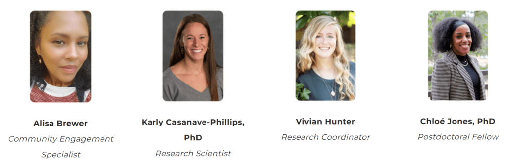 Four headshots of people. Text reads: Alisa Brewer Community Engagement Specialist, Karly Casanave-Phillips Research Scientist, Vivian Hunter Research Coordinator, Chloe Jones Postdoctoral Fellow