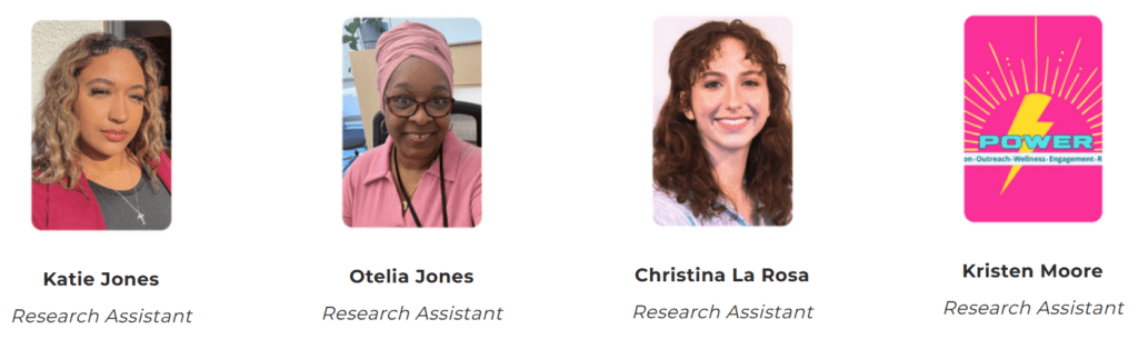 Four headshots of people. Text reads: Katie Jones Research Assistant, Otelia Jones Research Assistant, Christina La Rosa Research Assistant, Kristen Moore Research Assistant.