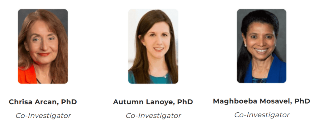 Three headshots of people. Text reads: Chrisa Arcan, PhD Co-Investigator, Autumn Lanoye, PhD Co-Investigator, Maghboeba Mosavel, PhD Co-Investigator
