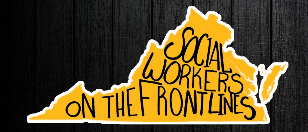 Social Workers on the Frontlines graphic. Outline of the state of Virginia in gold on a black background.