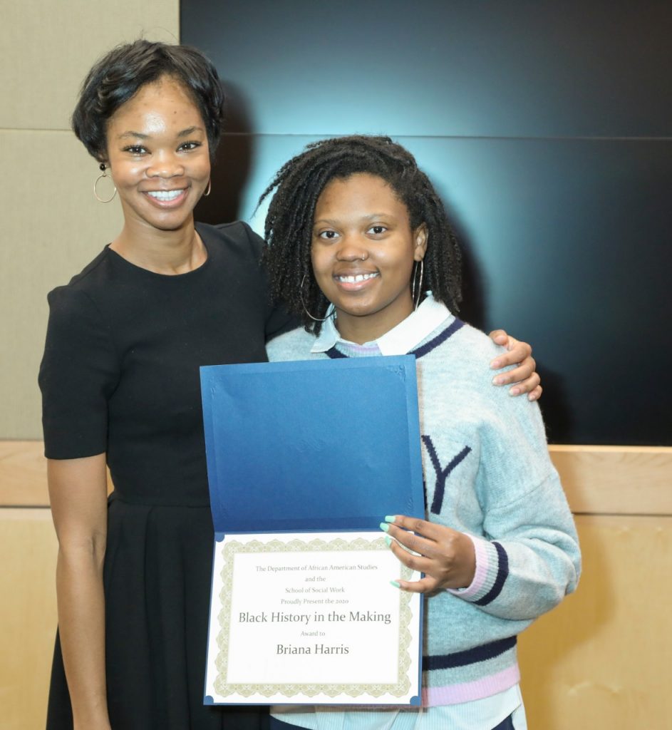 Dr. Jamie Cage with M-S-W student Briana Harris, holding her Black History in the Making certificate