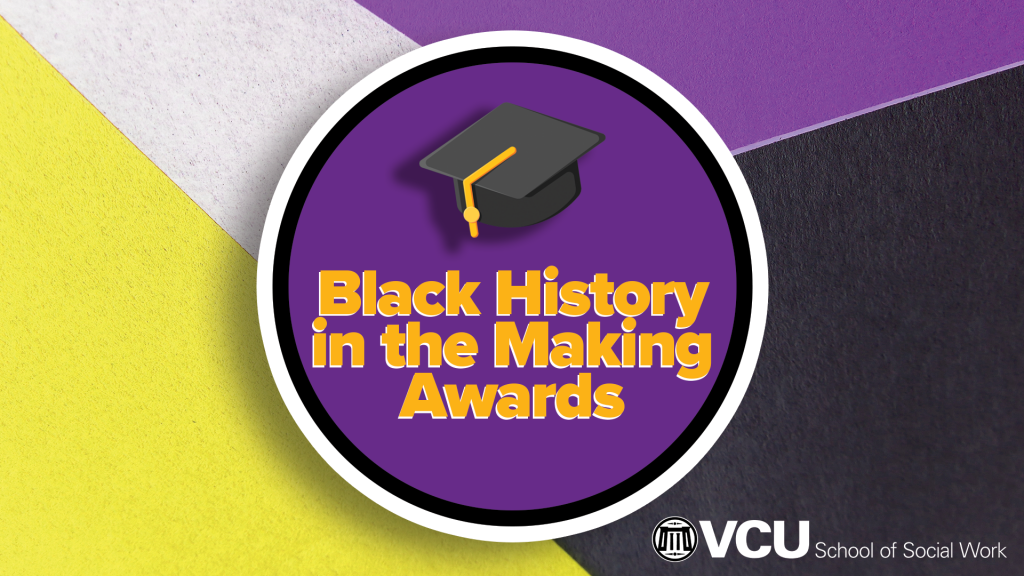 Black History in the Making Awards; graduation cap; background of geometric shapes in light gray, purple, black and gold