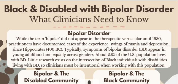 Black & Disabled with Bipolar Disorder
What Clinicians Need to Know
Bipolar Disorder
While the term
‘bipolar
’ did not appear in the therapeutic vernacular until 1980,
practitioners have documented cases of the experience, swings of mania and depression,
since Hippocrates (400 BC). Typically, symptoms of bipolar disorder (BD) appear in
young adulthood and equally across genders. About 2.8% of the U.S. population lives
with BD. Little research exists on the intersection of Black individuals with disabilities
living with BD, so clinicians must be intentional when working with this population.
Bipolar & The
Disabled Community
Bipolar & The
Black Community