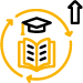 Graduation cap on top of open book surrounded by three arrows forming a circular motion and a fourth arrow pointing up