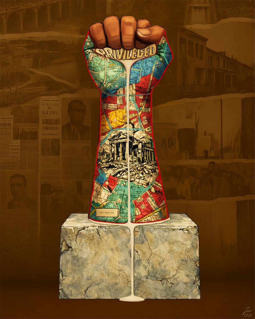Jae Lange's Collapsing Privilege, a digital illustration. With a background of a montage of Richmond photos, a raised fist sits on a large monument base, its fingers gripped and crushing the word Privilege.