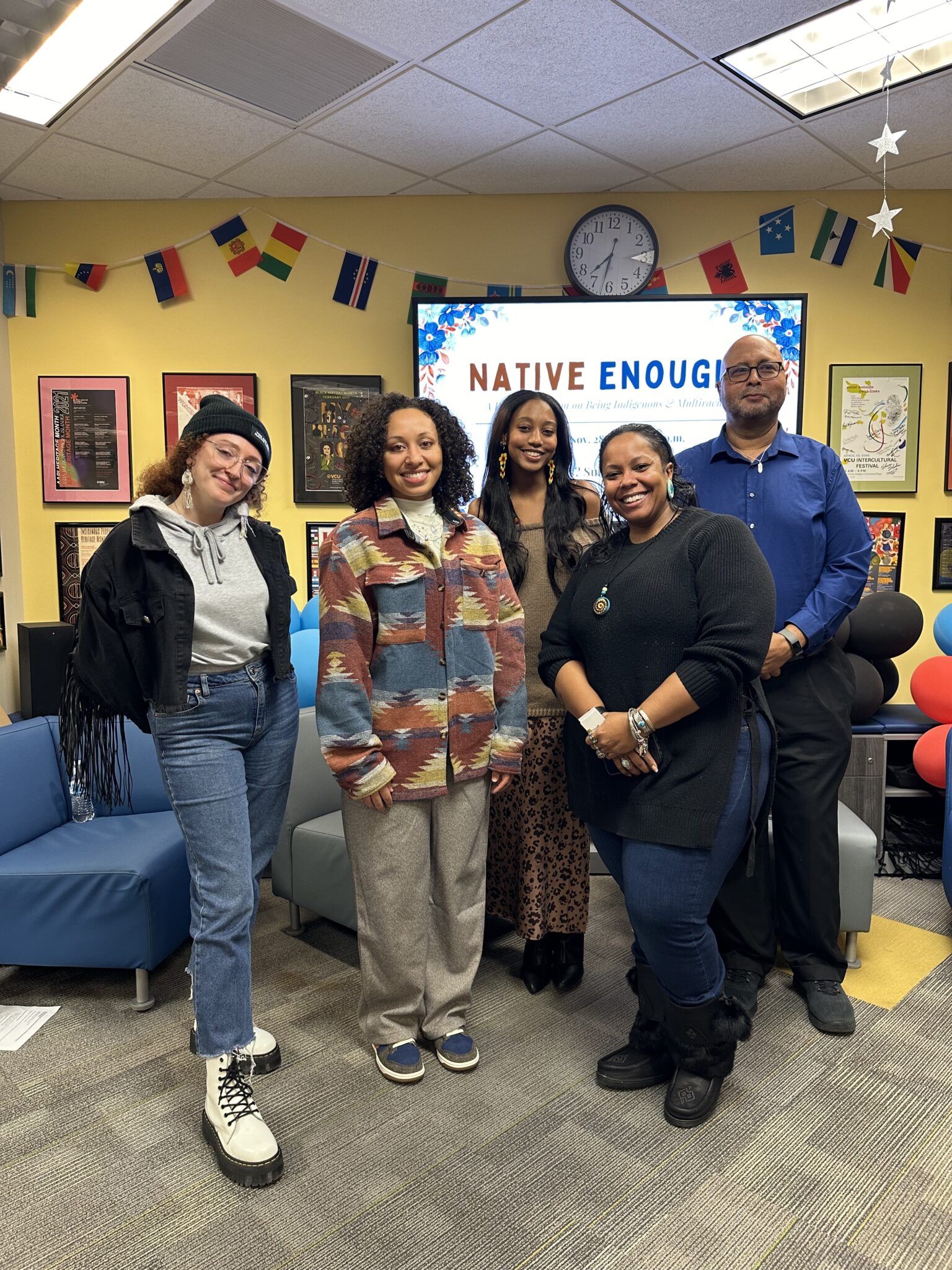 Students and staff posing for a picture at the Native Enough program hosted by the Office of Multicultural Student Affairs.