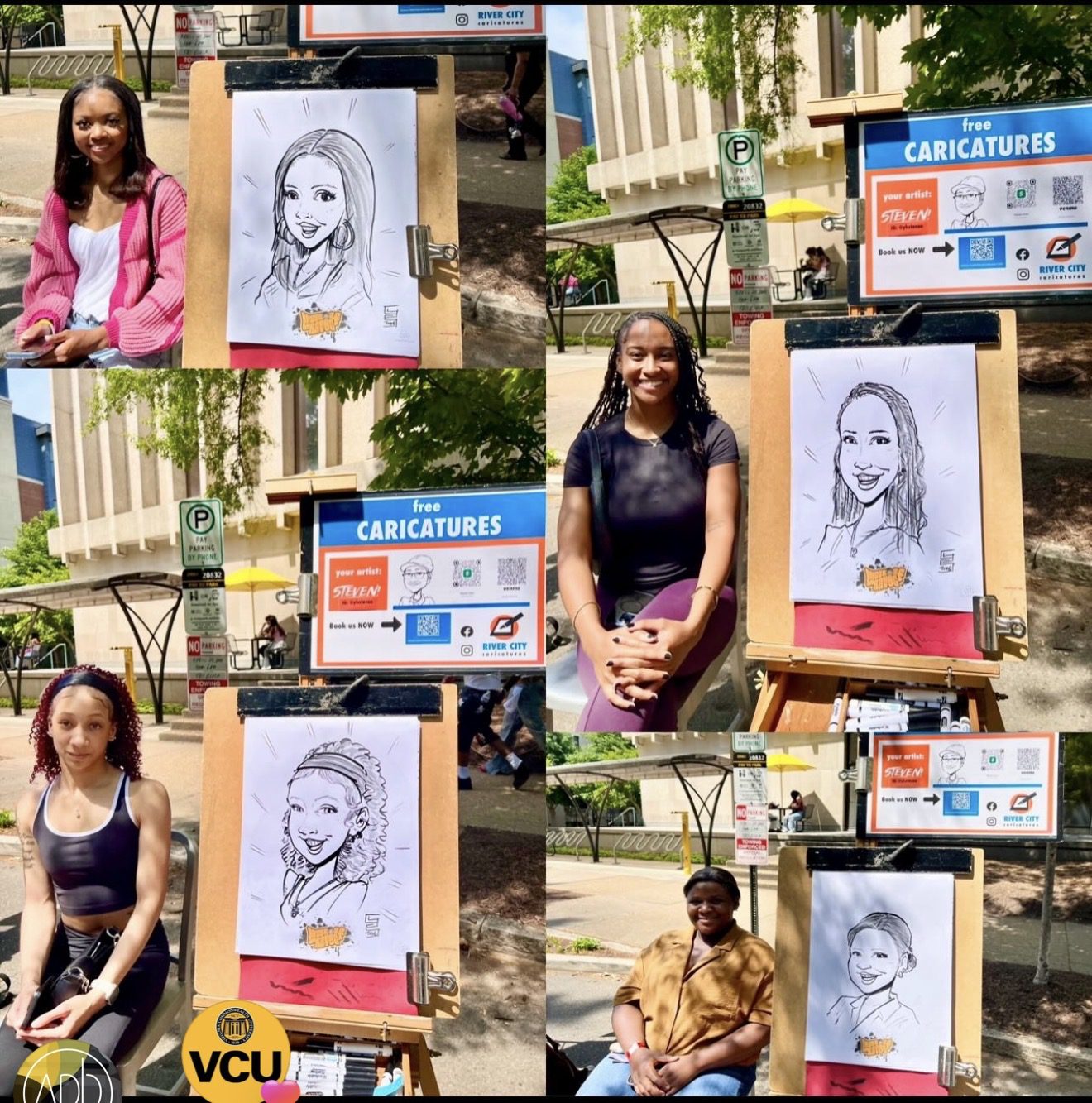 Collage showing four students sitting in front of self portraits they made during havoc week