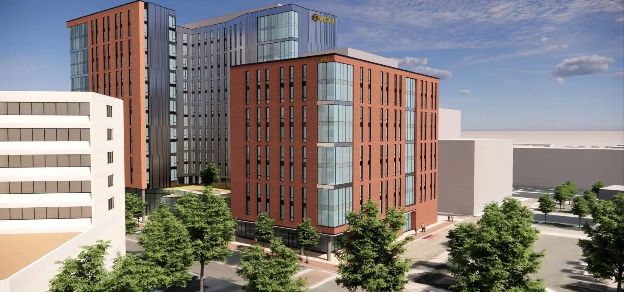 Rendering of Grace and Laurel project that shows brick building with a 11 floor and 8 floor tower that are arranged in a square and connected by a courtyar.
