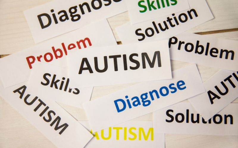 Image of assorted labels with words: Autism, Solution, Diagnose, Problem