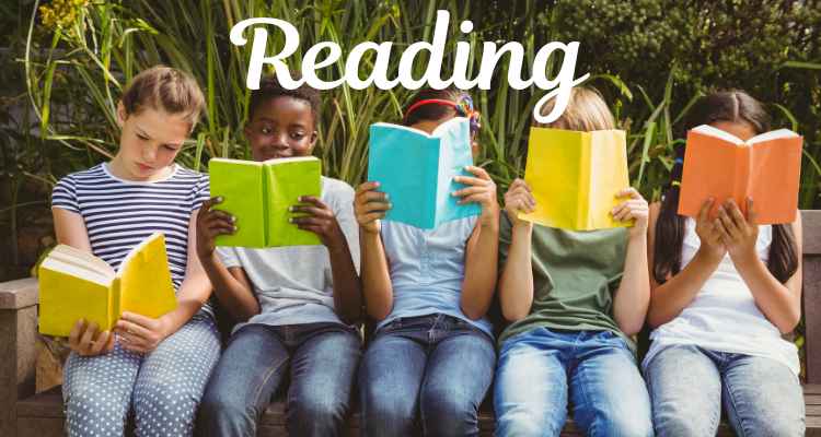 Picture of four young student reading with the text "Reading" superimposed