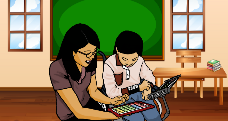 Adult working with AAC devices with a young person in a wheelchair