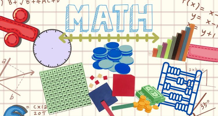 Drawing of graph paper covered with mathematics related materials titled: Math