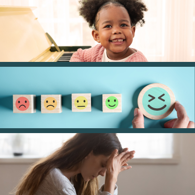 Photo of a happy toddler, emotion disks and a frustrated looking adult