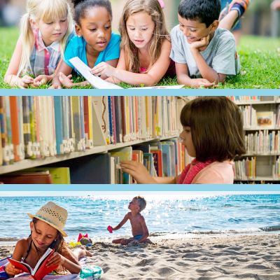 Photos of children enjoying summer activities while reading