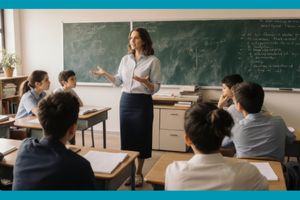 Photo of a teacher teaching students in a classroom