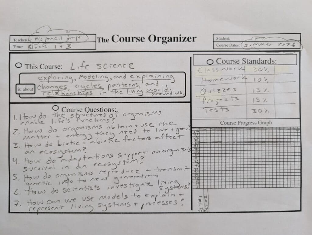 Photo of a completed page 1 of a Course Organizer