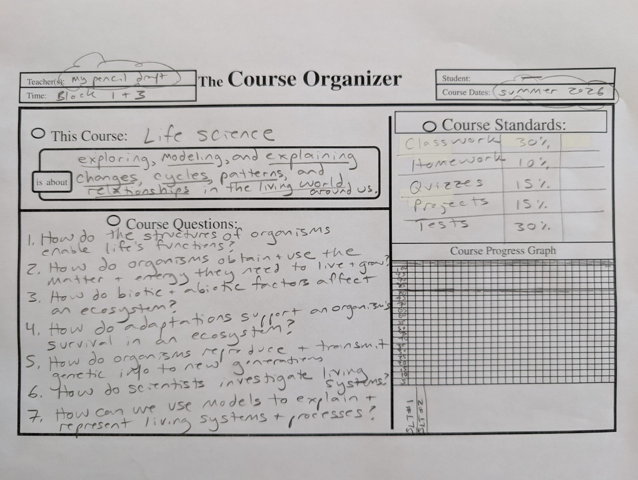 Photo of a completed page 1 of a Course Organizer