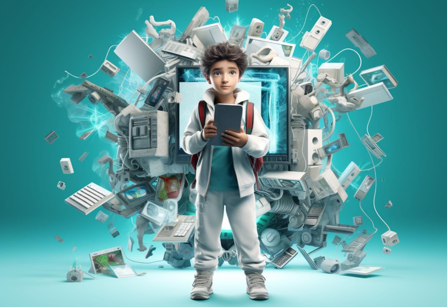 Illustrated image of a young boy holding a tablet. A large mass of technology is in the background