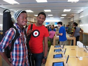 Linda Sikhakhane and Lungelo Ngcobo glow as they enter the Apple Store.