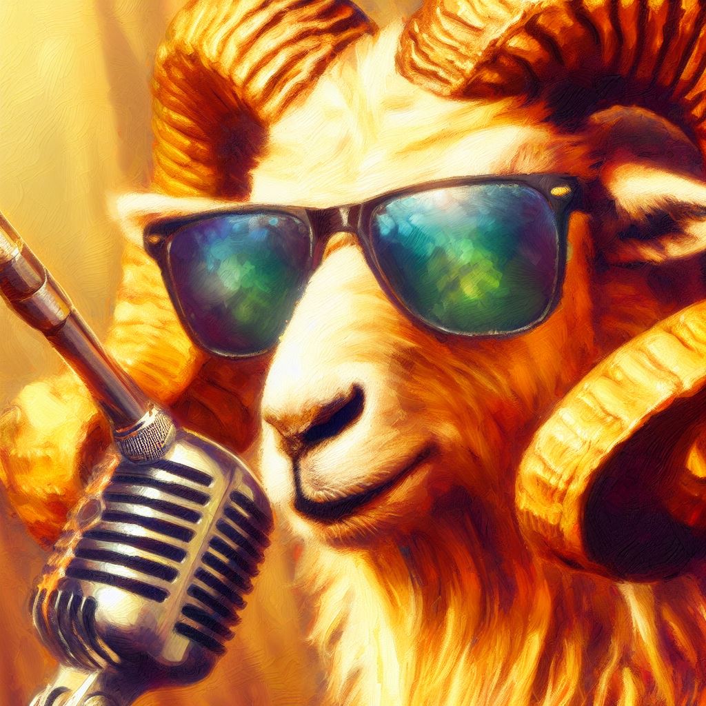 AI Generated Image: Digital oil painting of a golden ram wearing sunglasses at an open mic.