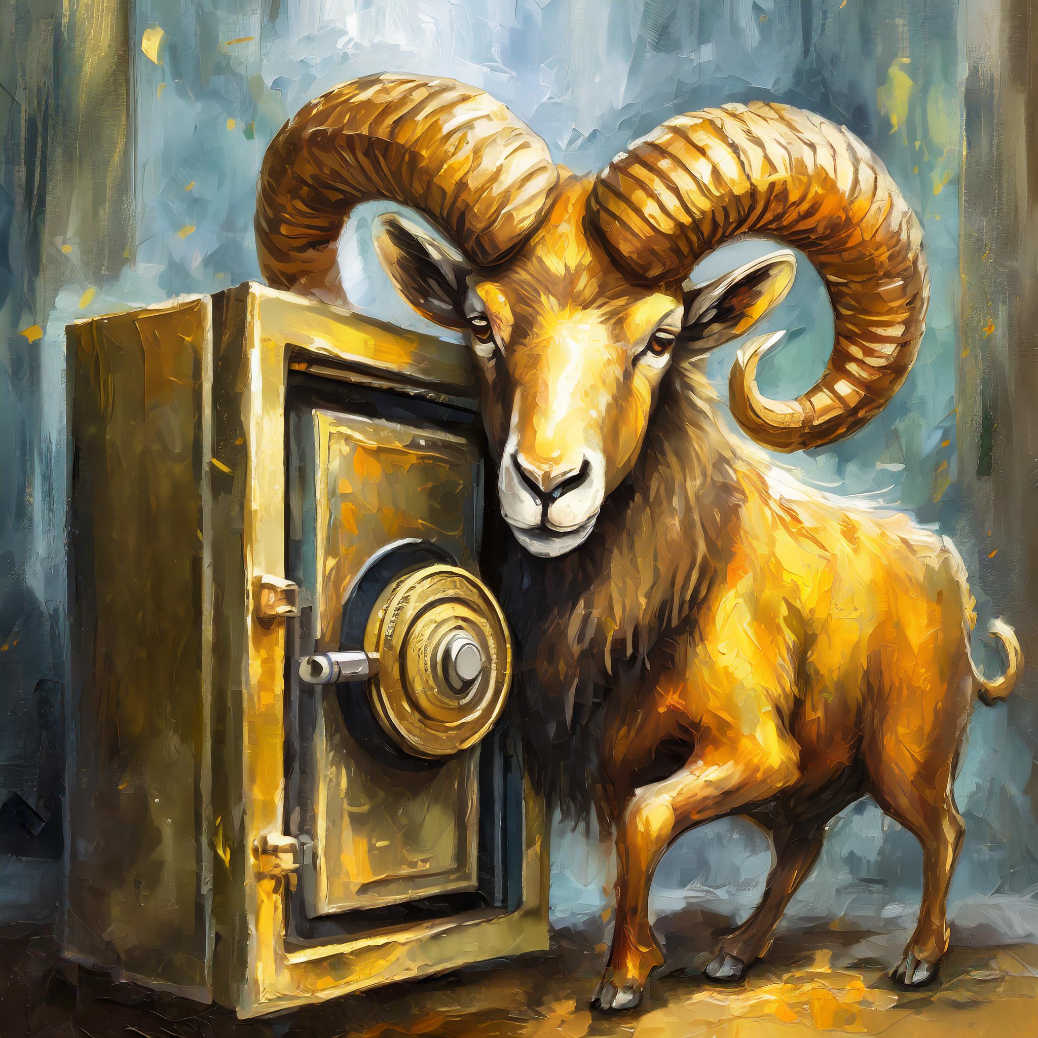 AI Generated Image: Digital oil painting of a golden ram unlocking a safe.