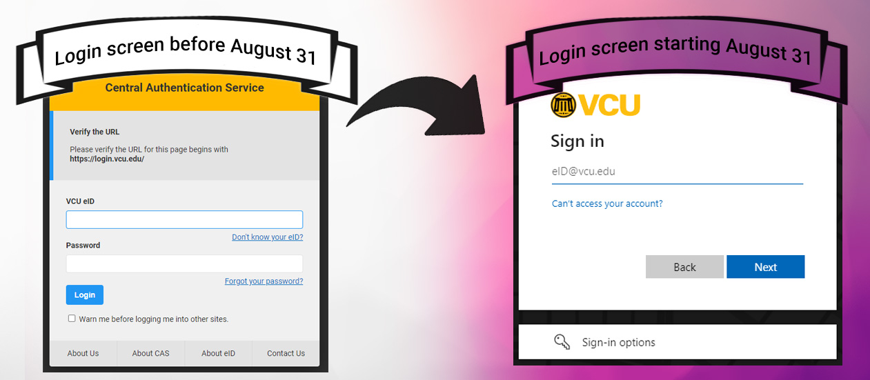 Two juxtaposed login screens, with the first being VCU's typical CAS Manager and the second being a new login screen which belongs to Microsoft's Entra ID. 