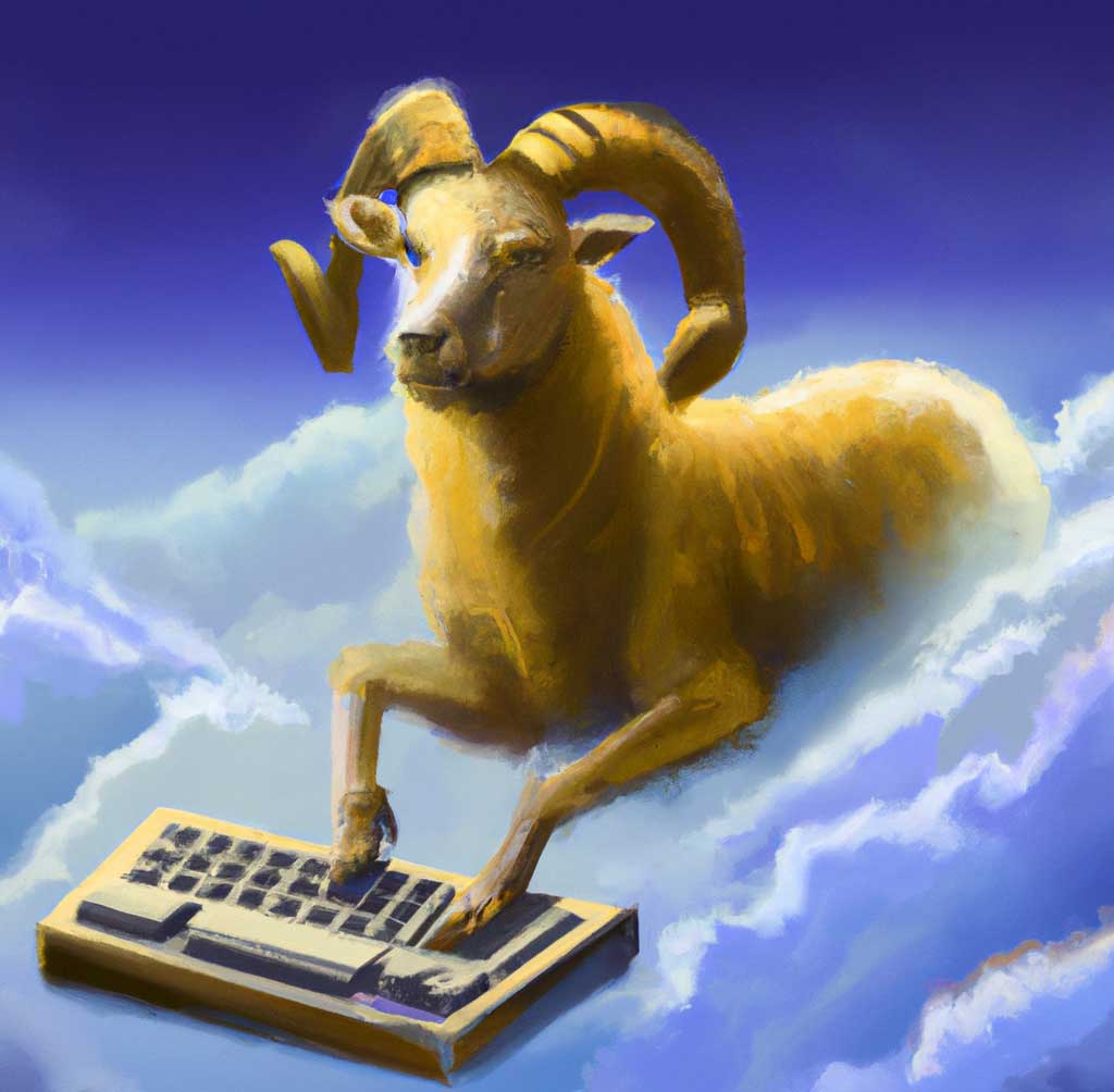 AI Generated image: Digital oil painting of a golden ram floating in clouds, holding a keyboard.