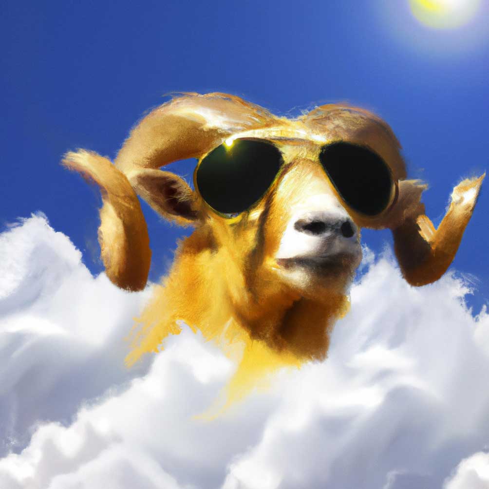 AI Generated image: Digital oil painting of a golden ram floating in clouds, bathing in the sun wearing sunglasses.